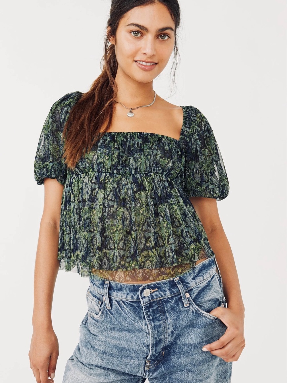 Free People Penelope Top M Green Black Sheer Puff Sleeve Smocked Peplum